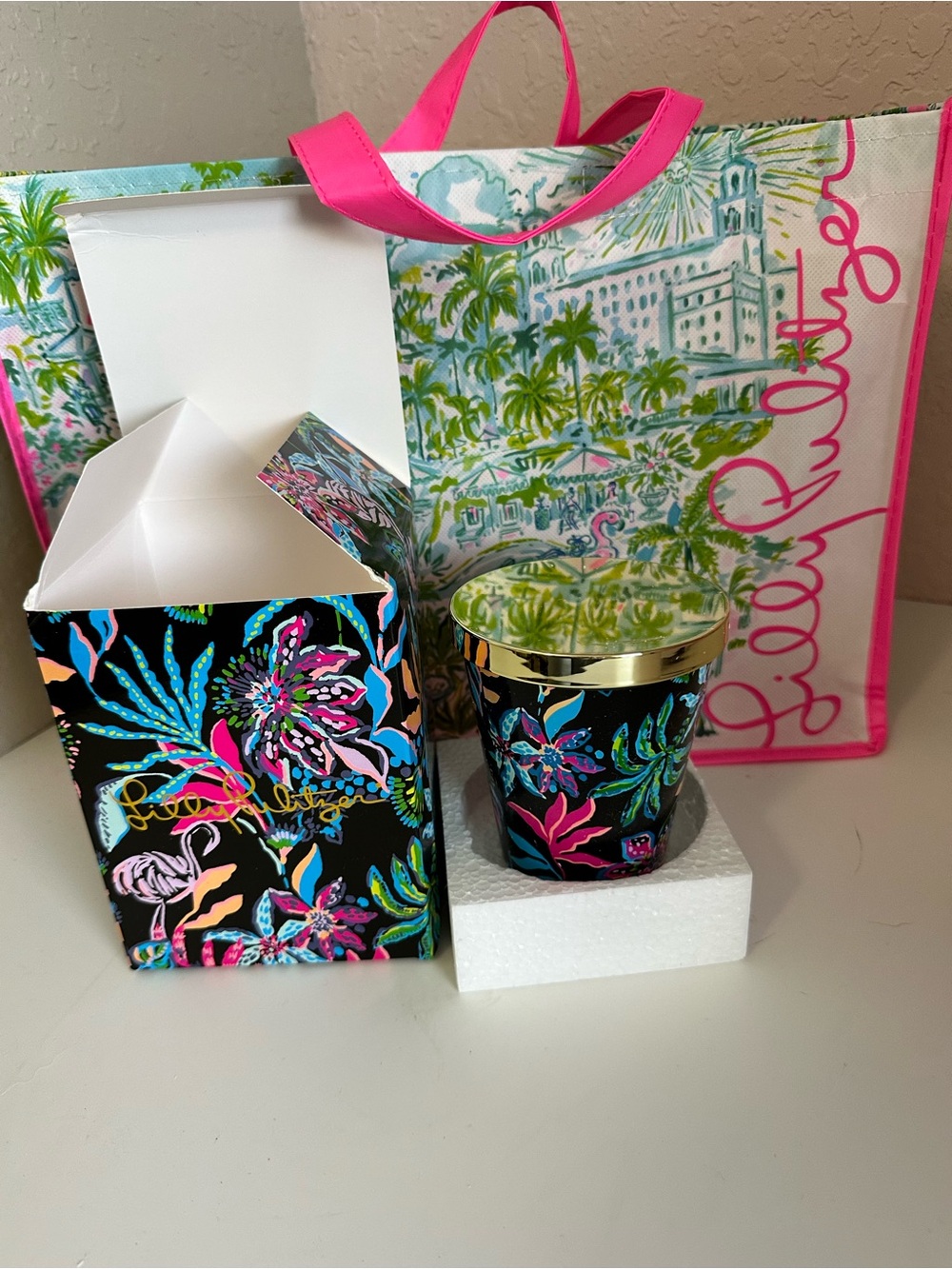 Lilly Pulitzer Black Multi Floral Candle with Gold Lid